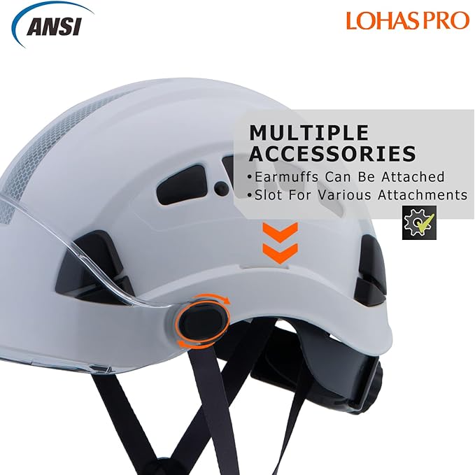 LOHASPRO Hard Hats Construction Safety Helmet with Visor ANSI Z89.1 Approved OSHA Hardhat, Vented Men White Hard Hat with Chin Strap Tree Climbing Arborist Helmet (P1 White+Clear Visor)-StrideForce Fitness