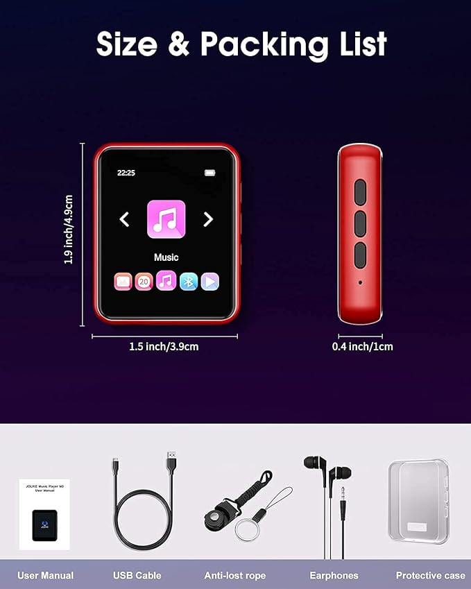 MP3 Player Bluetooth 5.3 Full Touch Screen Color Screen Mini MP3 Player, HiFi Lossless Music Player with Speakers, FM Radio, Recording, Support up to 128GB (red)-StrideForce Fitness