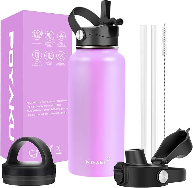 Water Bottle Insulated 32oz 40oz 64oz 128oz Straw Lid Spout Lid & 3 Lids, Leak Proof, Vacuum Insulated,Stainless Steel Water Bottle Wide Mouth for Sports, Gym or Office-StrideForce Fitness