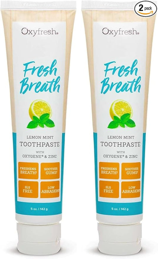 Oxyfresh Premium Lemon Mint Fresh Breath Toothpaste to Help Fight Bad Breath, Anti Plaque & Tartar Control - Low Abrasion Gel, SLS & Fluoride Free Toothpaste with Essential Oils, 5oz (Pack of 2)
