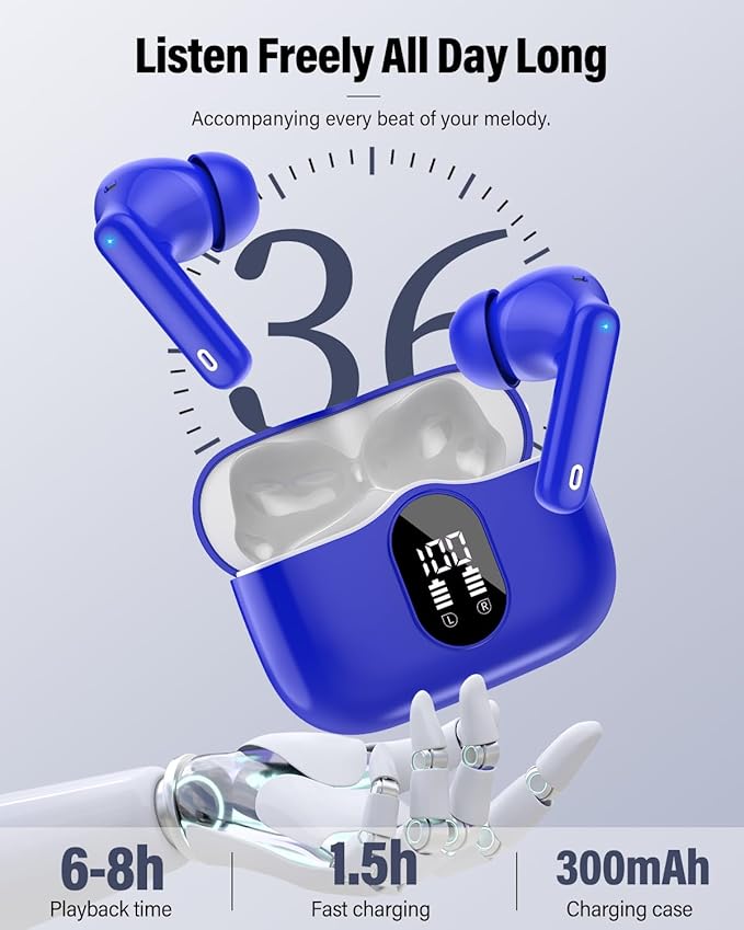 Wireless Earbuds, Bluetooth 5.4 Headphones Bass Stereo, Ear Buds with Noise Cancelling Mic, IP7 Waterproof in Ear Earphones, 36H LED Display Bluetooth Earbuds for Laptop Pad Phones Sports, Blue-StrideForce Fitness