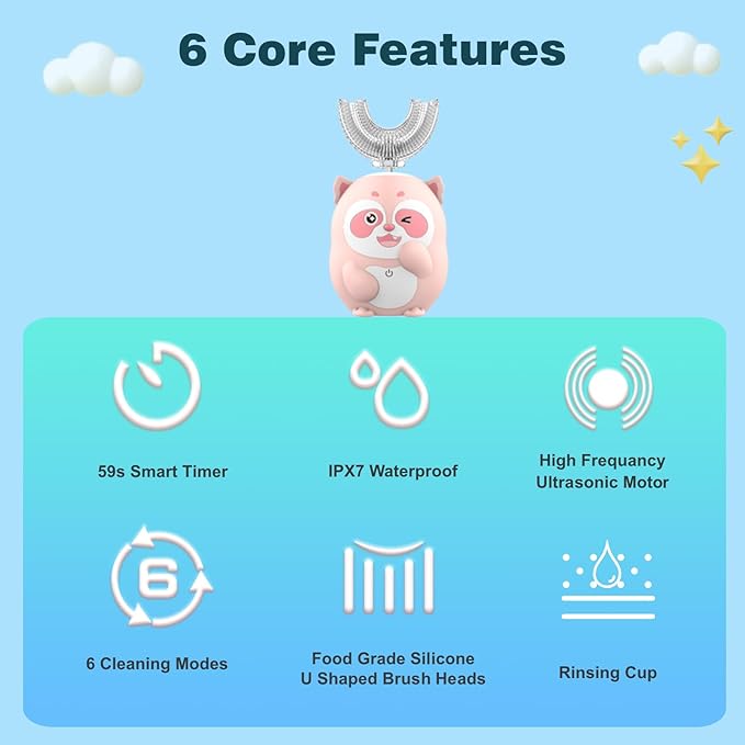Kids Electric Toothbrush, U Shaped Toothbrush Kids Sonic Automatic Brush with 5 Brush Head 6 Sonic Clean Modes IPX7 Waterproof Raccoon Design Rechargeable Smart Timer for Children 2-7