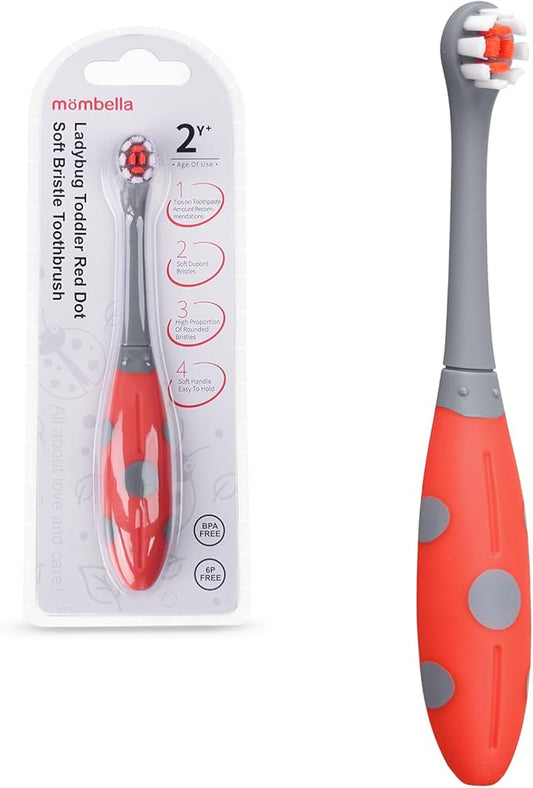Mombella Ladybug Toddler Toothbrush for 2 Years+, Soft Red Dot Bristle Kids Toothbrush Age 2-4, Easy to Use, Oral Hygiene Care for Infant Teeth and Gums, Safe and Sturdy, 1pc