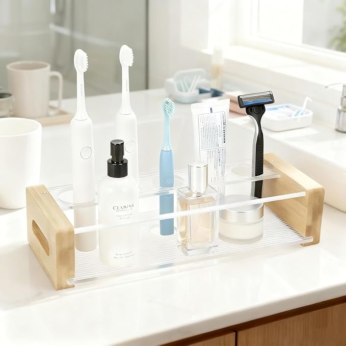 Toothbrush Holder for Bathroom - 5 Slot Organizer with Drainage Holes, Holds Toothpaste, Razor & Mouthwash, Bathroom Vanity Countertop Storage for Bathroom Accessories Organization