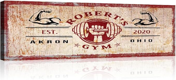 Tailored Canvases Personalized Gym Sign Wall Art Decor - Motivational Canvas for Home Gym, Workout Room, Garage, Fitness Center - Workout Inspirational Posters - One Hand Dumbbell on Rustic Red, 36x12in-StrideForce Fitness