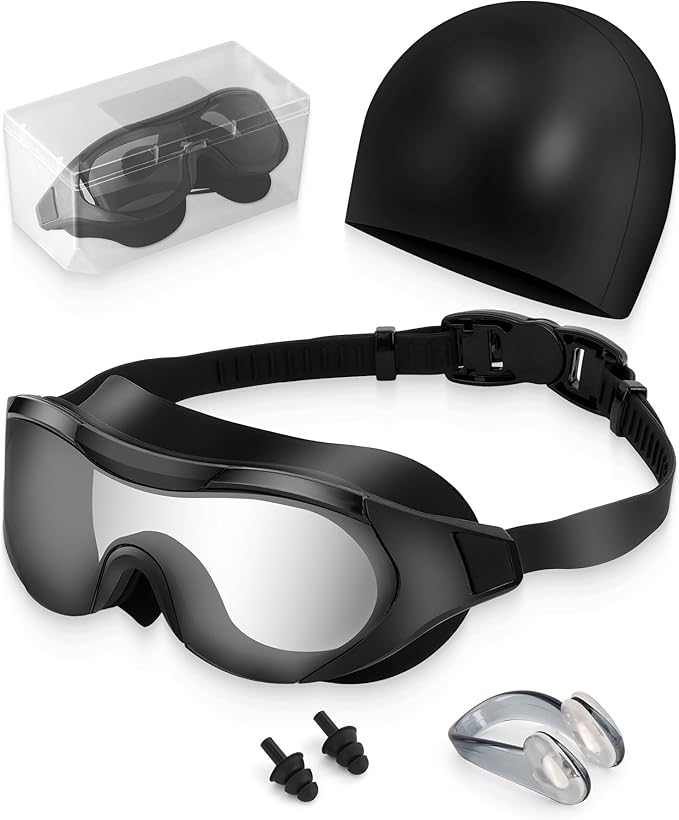 Swim Goggles with Nose Clip, Ear Plugs & Swim Cap, Anti-Fog UV Protection Lens, Leakproof Adjustable Strap for Adult-StrideForce Fitness
