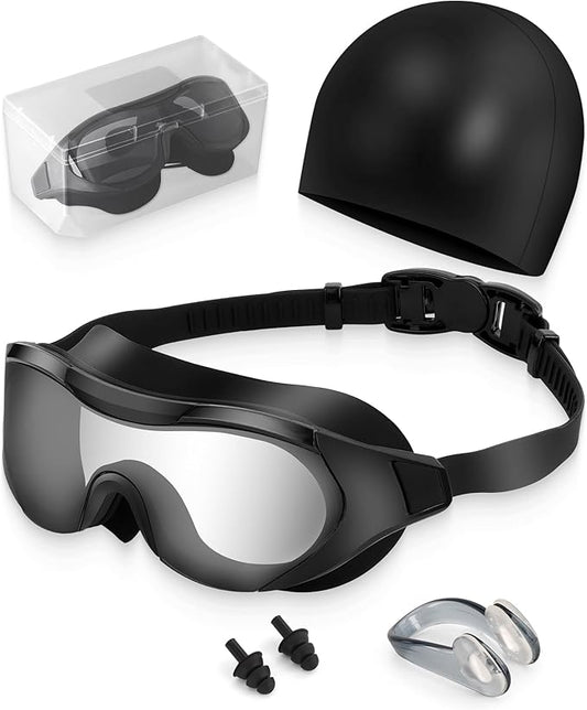 Swim Goggles with Nose Clip, Ear Plugs & Swim Cap, Anti-Fog UV Protection Lens, Leakproof Adjustable Strap for Adult-StrideForce Fitness