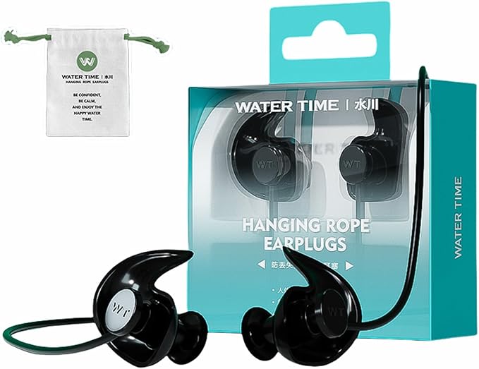 WATERTIME Waterproof Swimming Neckband Ear Plugs for Adults - Reusable Silicone Ear Plugs for Women & Men, Keep Ear Water Out for Swimming, Showering, Water Sports (Black, One Size)-StrideForce Fitness