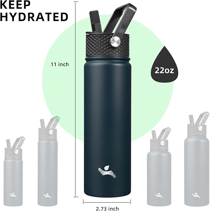 22oz Stainless Steel Bottles with 3 Lids Sport Insulated Water Bottle,Navy Blue-StrideForce Fitness