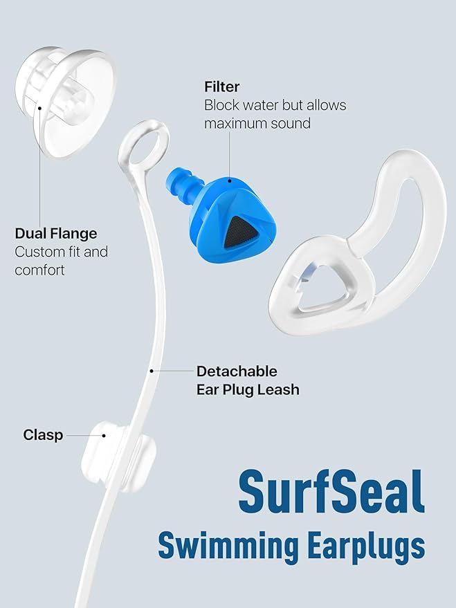 Hearprotek Swimmer Ear Plugs, 1 Pair Custom-fit Water Protection Adult Swimming Earplugs for Swimmers Surfer, Universal-fit with Lanyard, Perfect for Swimming,Surfing, Other Water Activities Blue-StrideForce Fitness