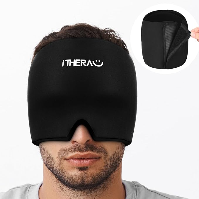 iTHERAU Migraine Relief Cap, Soothing Headache Hat, Gel Ice Pack Head Wrap with Hot and Cold Therapy, Headache Relief Cap for Sinus, Puffy Eyes, Tension and Stress Relief-StrideForce Fitness