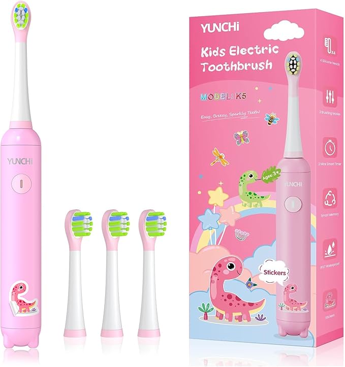 YUNCHI K5 Kids Electric Toothbrush Rechargeable with Waterproof Stickers, 3 Modes with 2 Minutes Timer, Toddler Children Sonic Toothbrush for Girls Ages 3-12, 4 Replacement Heads Soft Bristles, Pink