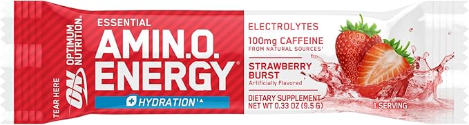 Optimum Nutrition Amino Energy Plus Hydration Packets, On-The-Go Energy Powder Stick Packs, Strawberry Burst, 25 Count-StrideForce Fitness