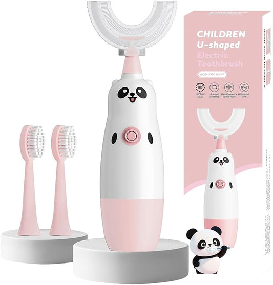 Kids U-Shaped Electric Toothbrush with 2 Brush Heads, Toddlers Sonic with 360 Degree Cleaning, Soft Bristles, Battery Included, IPX7 Waterproof, Cute cartoon for Girls and Boys,Ages 2-7 (Pink)