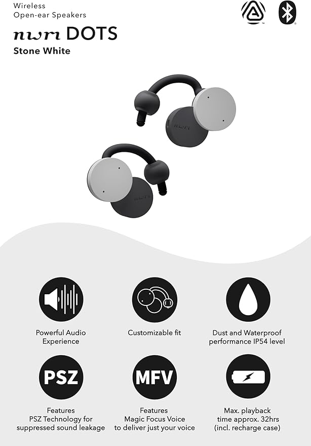nwm DOTS Wireless On-Ear Speakers (Open Ear Earphones) Sound Leakage suppressed (PSZ Technology - Bone Conduction Alternative) with Optimal Microphone Function Designed in Japan | Stone White-StrideForce Fitness