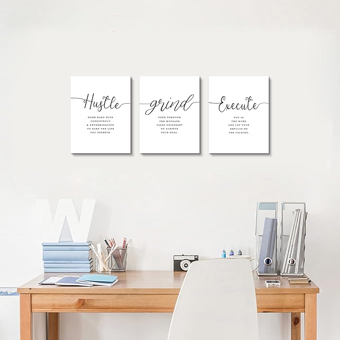 Framed Canvas Wall Art Grind Hustle Quote Poster, Office Wall Art, Positive Motivational Set of 3 Prints, Hustle prints Execute, Inspirational Wall Decor Art (H-3pcs,12x16inchx3pcs)-StrideForce Fitness
