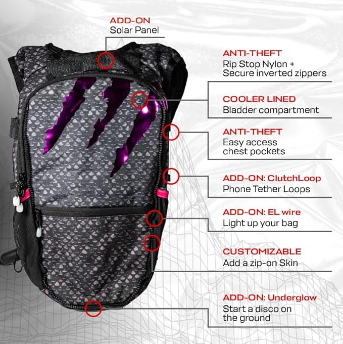 RAVERUNNER® Dino Festival Water Backpack - Dual Chamber Hydration - 3L Insulated Water Backpack for Raves, Festivals, Hiking, Running - Festival Hydration Pack for Hydration Backpack Rave-StrideForce Fitness