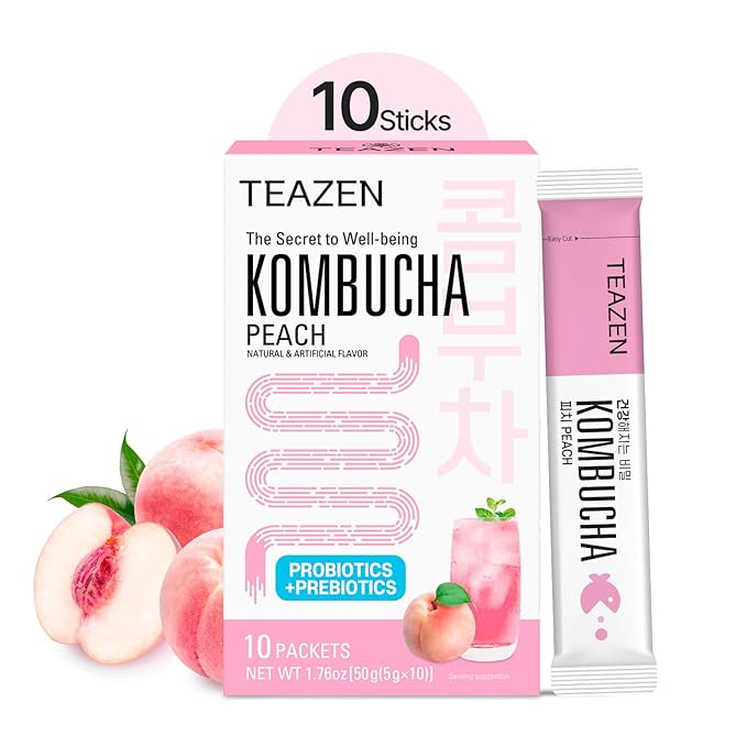 TEAZEN Peach Kombucha Tea, Hydration Drink Mix, Sugar Free, Live Probiotics & Prebiotics, 10 Sticks, 1.76oz-StrideForce Fitness
