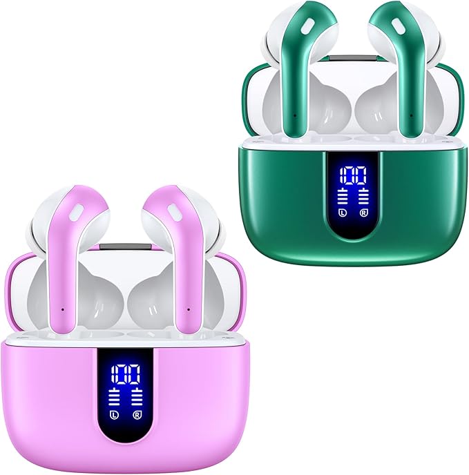 TAGRY 2 Sets X08 Forest Green and Sunset Pink Bluetooth Headphones True Wireless Earbuds 60H Playback Ear Buds with Wireless Charging Case in-Ear Earbuds with Mic-StrideForce Fitness
