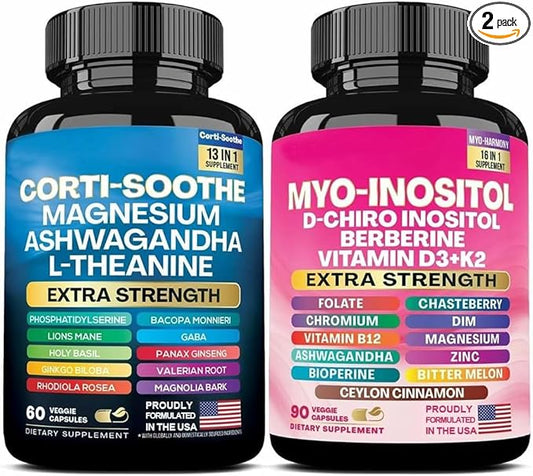 ALongDeng Soothe-Smooth Bundle,Soothe & Smooth Bundle Multivitamin Combo, Cortisol Support Myo-Inositol Multivitamin Combo with Magnesium Glycinate, Ashwagandha, L-Theanine & Herbal Blend - D-StrideForce Fitness