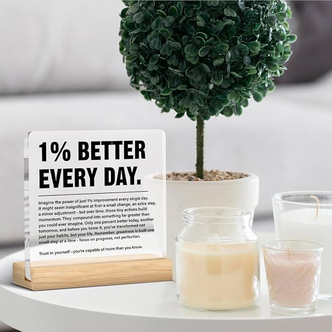 Inspirational Home Office Decor 1% Better Every Day Acrylic Plaque Sign for Office Gym Classroom, Growth Mindset Self Improvement Gifts for Coworker Employee Friend-StrideForce Fitness