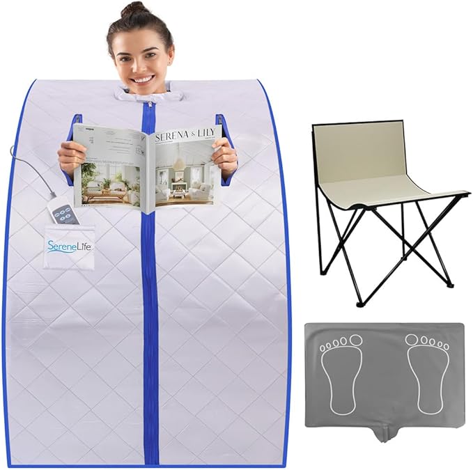 SereneLife Portable Sauna Box for Home, Infrared Sauna Tent with Heated Foot Pad and Folding Chair, Remote Control In-Home Spa, 38" x 32” - (Silver)-StrideForce Fitness