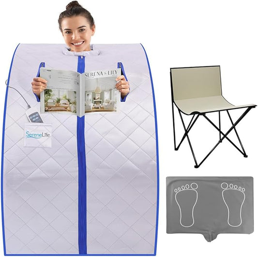 SereneLife Portable Sauna Box for Home, Infrared Sauna Tent with Heated Foot Pad and Folding Chair, Remote Control In-Home Spa, 38" x 32” - (Silver)-StrideForce Fitness