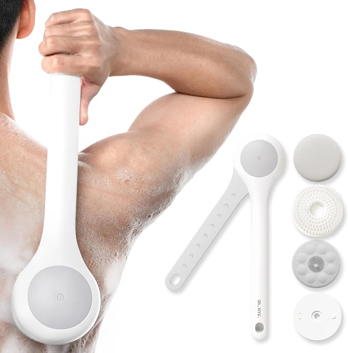 Electric Body Brush Back Scrubber for Shower, Waterproof Long Dual Handle Power Body Scrubber with 3 Heads, Rechargeable Bath Brush & 2 Speeds, for Cleansing, Exfoliating and Massaging Skin-StrideForce Fitness
