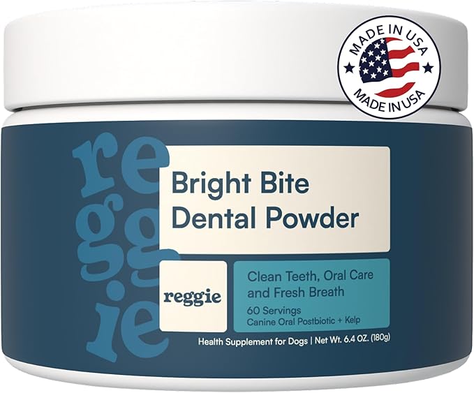Reggie Dental Powder for Dogs | Reduce Bad Breath in 7 Days, Plaque & Tartar Control | Natural Dog Dental Supplement | Postbiotic Formula with Organic Kelp | Vet-Approved & Made in USA | 60 Servings