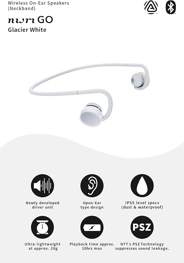 nwm GO Wireless On-Ear Speakers (Open Ear Earphones) Sound Leakage suppressed (PSZ Technology - Bone Conduction Alternative) Designed in Japan | Glacier White-StrideForce Fitness
