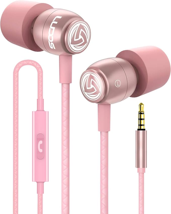 LUDOS Clamor Wired Earbuds in-Ear Headphones, 5 Years Warranty, Earphones with Microphone, Noise Isolating Ear Buds, Memory Foam for iPhone, Samsung, School Students, Kids, Women, Small Ears - Pink-StrideForce Fitness