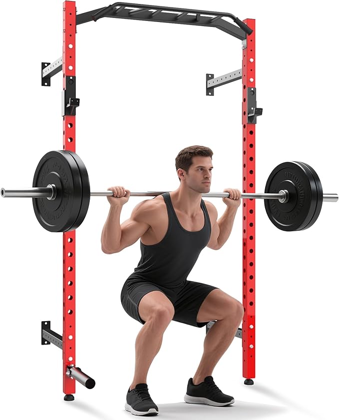 1600LB Wall Mounted Power Rack, Commercial Squat Rack for Home Gym with Multi-Grip Pull Up Bar, j-Cups & Landmine Attachment for Home and Garage Gym-StrideForce Fitness