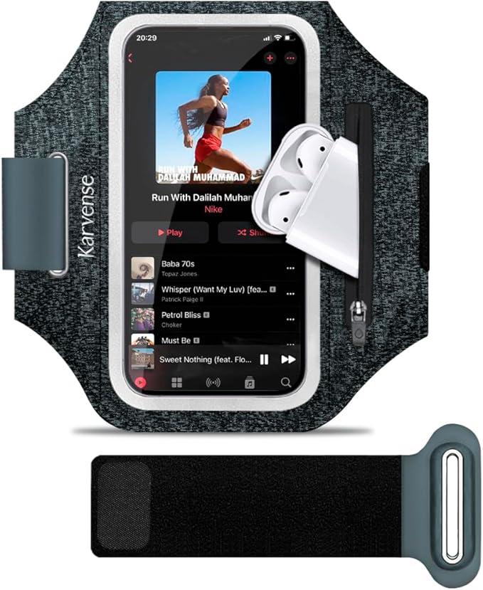 Running Phone Holder, Arm Band for Running for iPhone & Samsung Galaxy, Cell Phone Armband Holder for Walking, Gym, Workout, Men, Women, w/Adjustable Strap & Zipper Pocket (Black Heather-L)-StrideForce Fitness