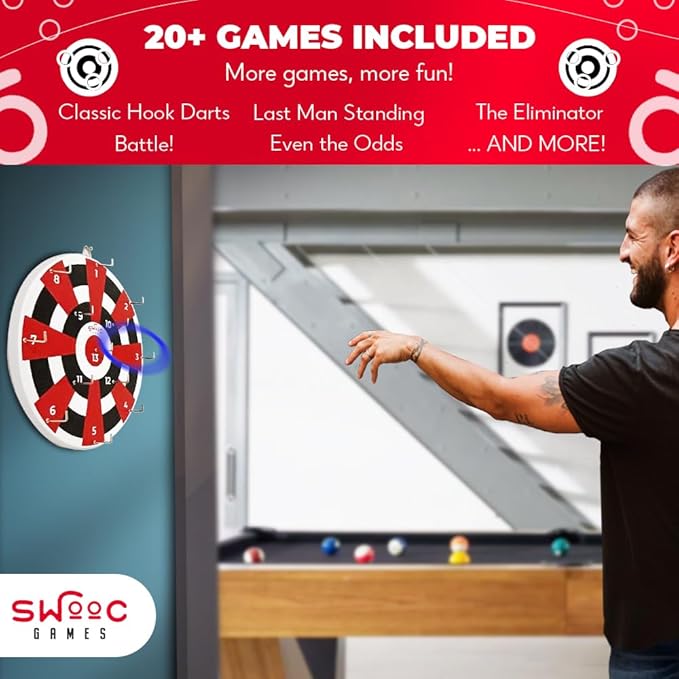 Swooc Games® ‒ Hook Darts Ring Toss Game ‒ Wood Board & Soft Rings ‒ 20+ Games Included for Kids & Adults ‒ Wall Mounted Ring and Hook ‒ Indoor & Outdoor Wall Decor for Game Room, Patio, Garage, Yard-StrideForce Fitness