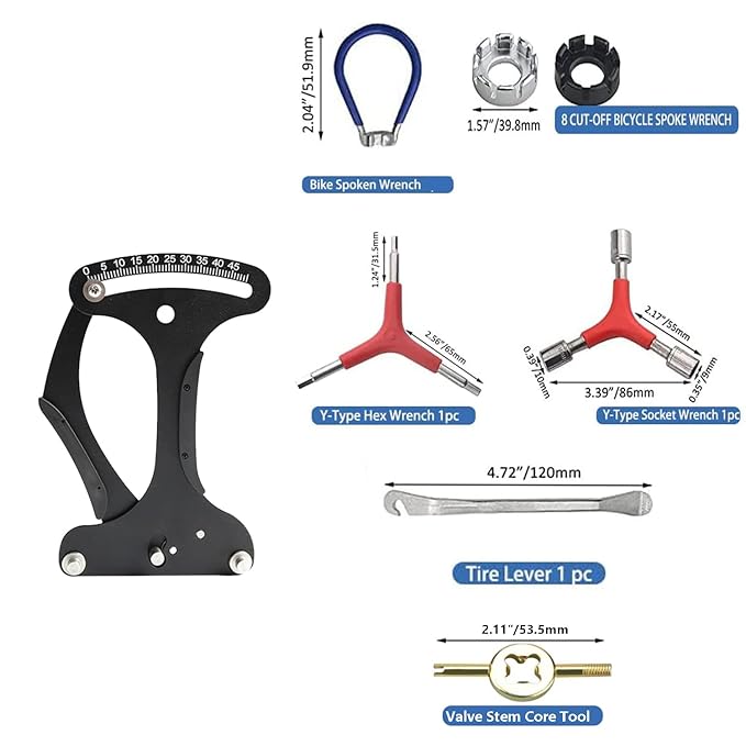 Bicycle Spoke Tension Meter Wrench Repair Tool Set, 8pcs Adjustment Bike Bicycle Spoke Indicator Tensiometer Wrench, Wheel Repair Tool W/Valve Wrench/Spoke Wrench/Tire Lever/Hex/Socket Wrench-StrideForce Fitness
