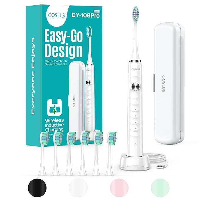COSLUS Sonic Electric Toothbrush for Kids & Adults: 47000 VPM for Deep Cleaning & Whitening with Travel Case - 5 Modes for Sensitive Teeth & Braces, Wireless Charging, 6 Brush Heads for Home Family