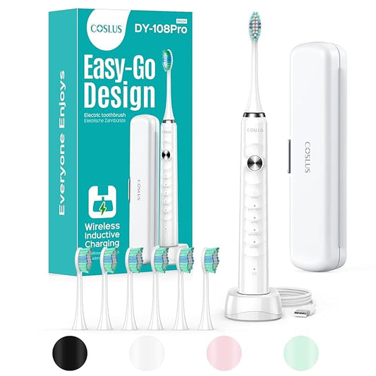 COSLUS Sonic Electric Toothbrush for Kids & Adults: 47000 VPM for Deep Cleaning & Whitening with Travel Case - 5 Modes for Sensitive Teeth & Braces, Wireless Charging, 6 Brush Heads for Home Family