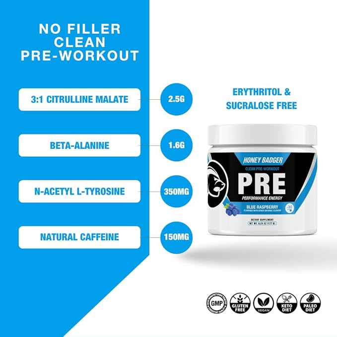 Honey Badger Pre Workout Powder, Keto Vegan Preworkout for Men & Women, Beta Alanine & Caffeine, Sugar Free Natural Energy Supplement, Blue Raspberry, 30 Servings-StrideForce Fitness