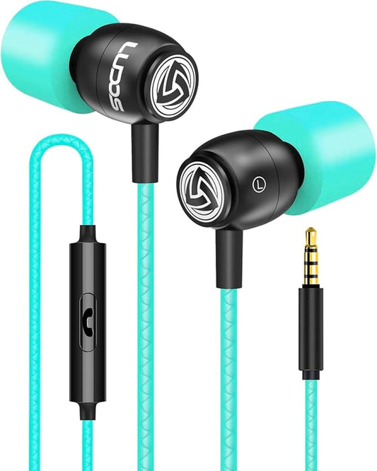 LUDOS Clamor Wired Earbuds in-Ear Headphones, 5 Years Warranty, Earphones with Mic, Noise Isolating Ear Buds, Memory Foam for iPhone, Samsung, School Students, Kids, Women, Small Ears - Turquoise-StrideForce Fitness