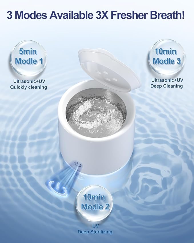 Ultrasonic Retainer Cleaner, 48kHz Denture Cleaner, Retainer Cleaning Machine for Denture, Retainer, Aligner, Jewelry, Mouth Guard, Brace, Toothbrush, Pacifier, Razor, 3 Modes Jewelry Cleaner-White