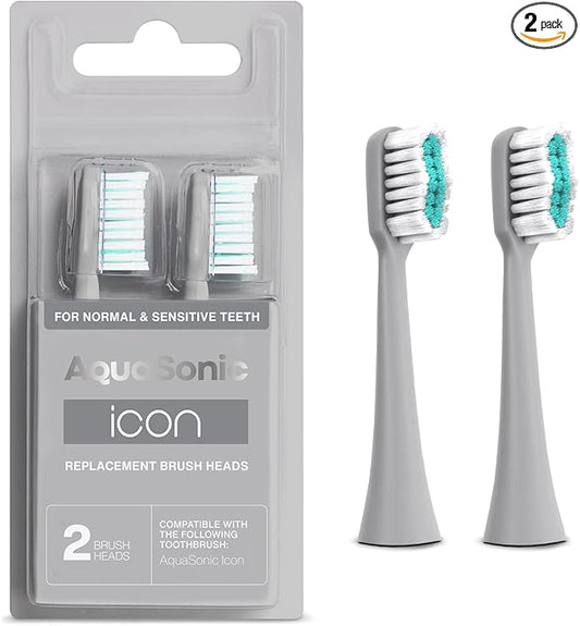AquaSonic Genuine Icon Replacement Brush Heads | Compatible with AquaSonic Icon Toothbrush | 2 Brush Heads | for Normal & Sensitive Teeth (Stone)