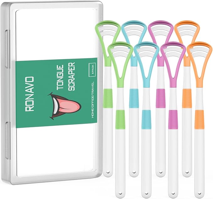 RONAVO Tongue Scraper (8pcs), Brushing and Scraping for Oral Care, 100% BPA Free Tongue Cleaner with Travel Carry Case for Family, Adults, Kids, Reduce Bad Breath for Oral Hygiene