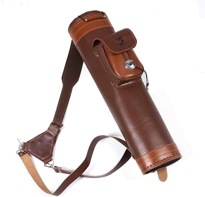 TOPARCHERY Traditional Shoulder Back Quiver Bow Leather Arrow Holder with Large Pouch Handmade Straps Belt Bag Brown-StrideForce Fitness