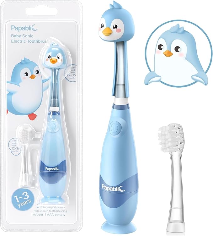 Papablic Toddler Sonic Electric Kids Toothbrush for Ages 1-3 Years, Baby Electric Toothbrush with Cute Penguin Cover and Smart LED Timer, 2 Brush Heads (Pippin)