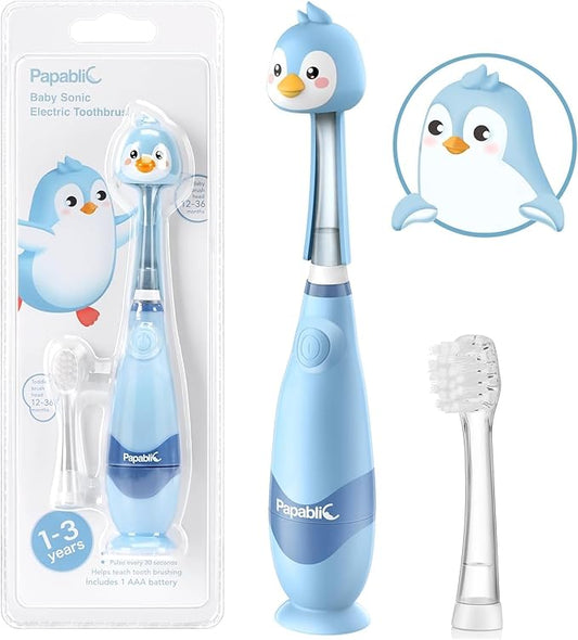 Papablic Toddler Sonic Electric Kids Toothbrush for Ages 1-3 Years, Baby Electric Toothbrush with Cute Penguin Cover and Smart LED Timer, 2 Brush Heads (Pippin)
