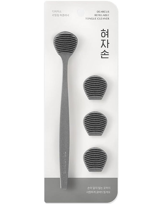 DEARCUS Korean Tongue Scraper with 3 Replaceable Heads - 100% BPA Free TPE Tongue Cleaner - Reduce Bad Breath & Without Hurt - Hygienic Scraper - Modern & Simple Design (Gray)