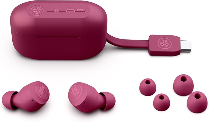JLab Go Air Pop+ True Wireless Bluetooth Earbuds in Dark Pink Plus Cloud Foam Mnemonic Earbud Tips-StrideForce Fitness