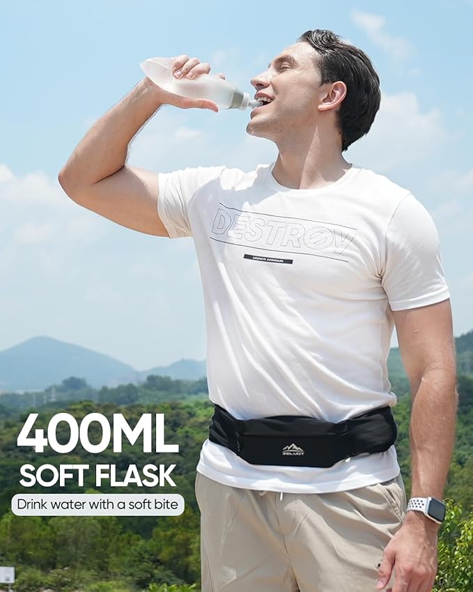 Running Belt with 400ml Soft Flask, Extension Strap & Phone Holder, Adjustable Running Fanny Pack with Gym Towel, Waterproof Belt Bag for Women Men for Jogging Marathon (Black, Large)-StrideForce Fitness