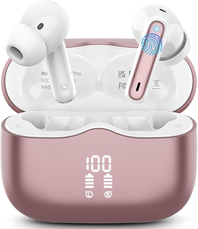 Wireless Earbuds, Bluetooth 5.4 Headphones in Ear with 4 ENC Noise Cancelling Mic, New Wireless Earphones HiFi Stereo Deep Bass 40H Playtime, In-Ear Bluetooth Earbuds LED Display IP7, USB-C, Rose Gold-StrideForce Fitness