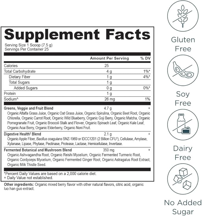 Ancient Nutrition SuperGreens Powder with Probiotics, Organic Berry Flavor Greens, Made from Real Fruits, Vegetables and Herbs, Digestive and Energy Support, 25 Servings, 6.7oz-StrideForce Fitness